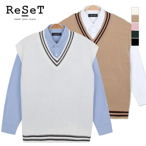 [하프클럽/리셋]투라인 배색 브이넥 오버핏 니트 조끼
