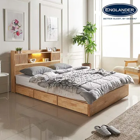 잉글랜더 클림트 슬라이딩 LED 원목 수납 침대 DH 본넬스프링 서포트 매트-Q