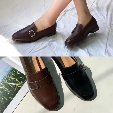 [애슬릿] 둥근코 여성 가죽 플랫 버클 로퍼 3cm