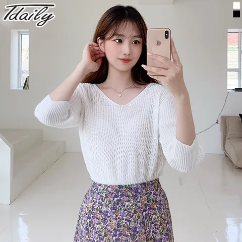 [하프클럽/니까니까]츄크롭 브이넥 반팔 니트 퍼프소매 여름 니트티