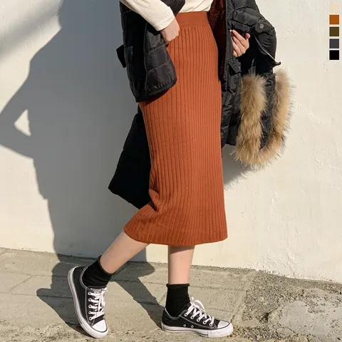 [하프클럽/니까니까]머핀 니트 골지 롱 스커트 여성 밴딩 뒷트임 H라인 치마