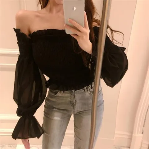 [하프클럽/드레스날다]코르셋 스모크 오프숄더 쉬폰 블라우스mbl1139