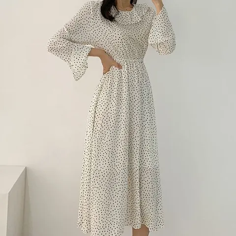 [하프클럽/코코젠]리하 도트 프릴 카라 원피스