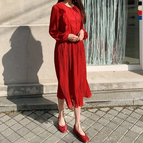 [하프클럽/니까니까]도트 플리츠 쉬폰 롱원피스