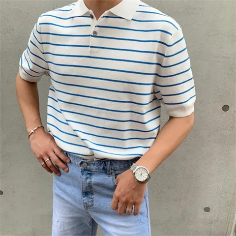 [하프클럽/게리오]시원하면서 쾌적한 스트라이프 카라 반팔 니트 티셔츠