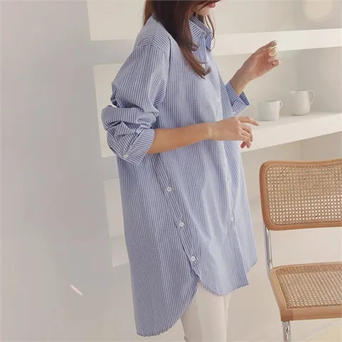 [하프클럽/삐까삐까]스트라이프 버튼 롱셔츠