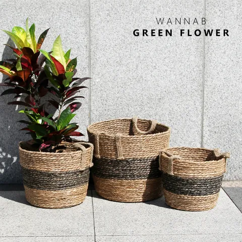 워너비그린플라워 블랙 포인트 라탄 바구니 WL0033