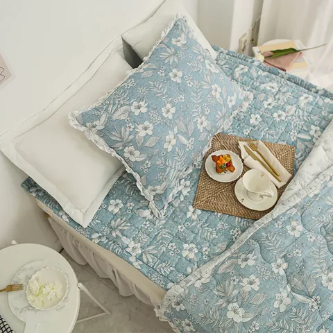 레브라이프 순면 60수 아사 플라워 간절기 이불 겸 스프레드 블루