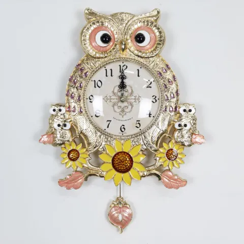 B금도금 해바라기 가족부엉이 무소음 인테리어 벽시계 부엉이시계 해바라기시계 추시계