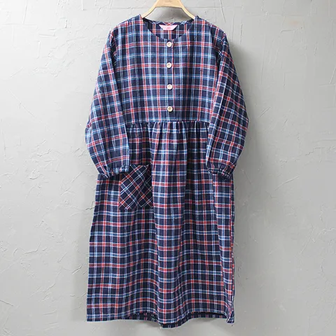 em1083_반오픈 체크 겨울 실내복 원피스네이비