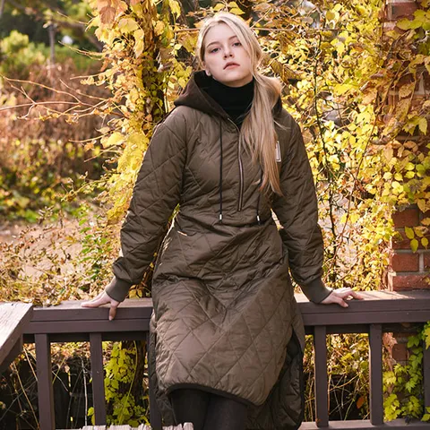 [헤시테그나인] 코듀로이 배색 양면 후드 패딩 원피스 코코아