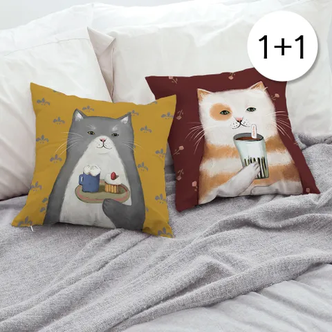 쇼파 쿠션커버 1+1 커피볶는야옹이 SET 옐로+레드