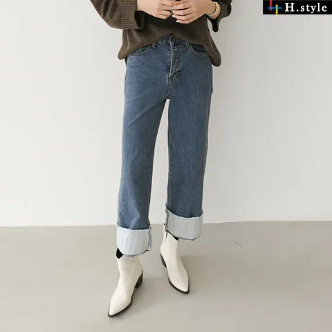 H스타일JE롤업청바지/겨울/기모/청바지/데님팬츠/부츠컷/나팔/통/일자/배기/밴딩/진/빅