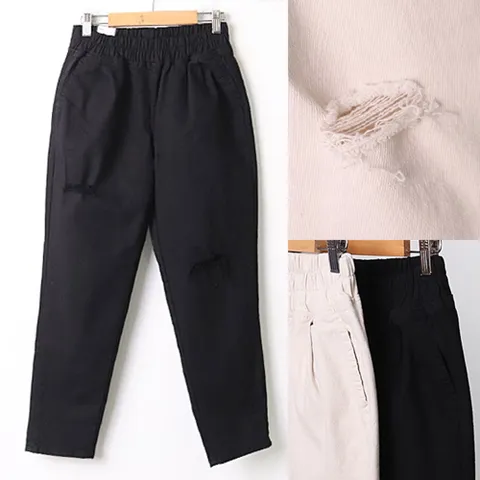 빅사이즈 여성 면 구제 밴딩 배기 팬츠 H213015