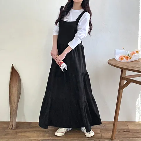 [옷자락] 여자 봄 가을 데일리 뷔스티에 캉캉 멜빵 롱 원피스