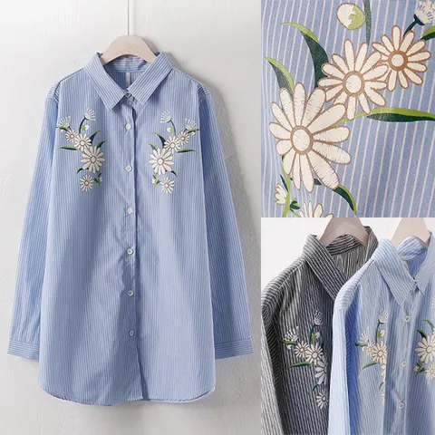 빅사이즈 여성 플라워 나염 스트라이프 남방 H213068