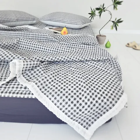 스몰체크 시어서커 여름 홑이불+침대패드+베개커버 세트 퀸 Q
