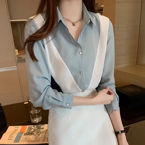 [리즈어게인] 브이라인 배색 진주 블라우스