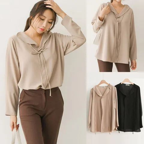 빅사이즈 여성 루즈 타이 카라 블라우스 H213044