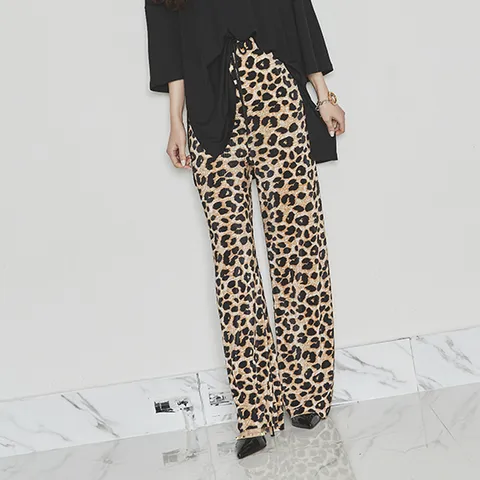 레오파드 주름 팬츠