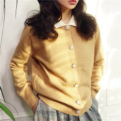 [하프클럽/앞머리]울혼방 레트로 비즈단추 카라니트 가디건n0111