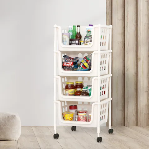 오픈 스텝 바스켓 4단 바퀴형 적층형 수납 정리대 바구니