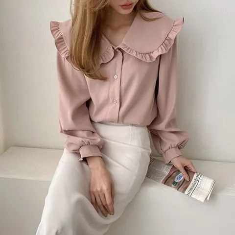 [하프클럽/옷자락]여자 겨울 러 프릴 카라 하객룩 퍼프 블라우스