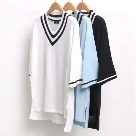 빅사이즈사랑해요 5213L104 두줄 배색 반팔 니트 AP