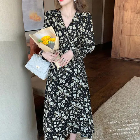 [아임럭시]크포니[1538]-크로스 탑 볼륨 소매 꽃나염 원피스