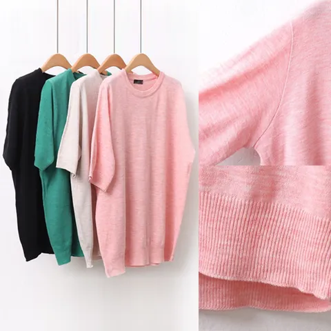 빅사이즈 여성 보카시 무지 5부 니트 티 H214059