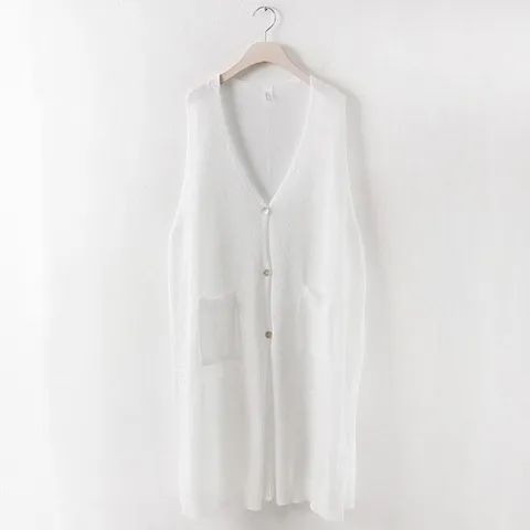 빅사이즈 옷 시스루 트임 포켓 롱 니트 조끼 21R423K 여성