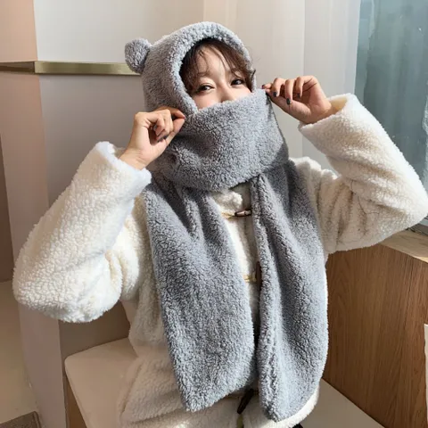 모자+목도리 일체형 곰인형 목도리모자 겨울 여성 털모자 넥 워머 머플러 털모자 겨울모자