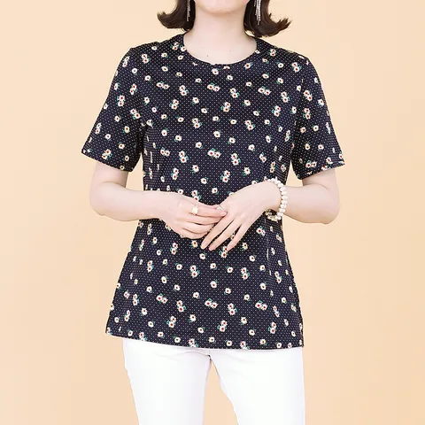 엄마옷 여름 도트 플라워 실켓 면 여성 라운드 배색 반팔 티셔츠 A05138 50대 60대 중년여성