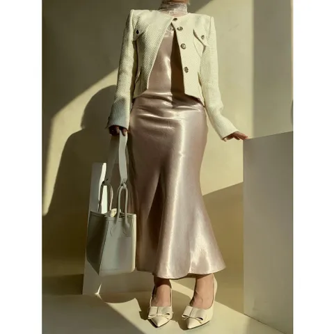 [브리치]  / 실크 새틴 플레어 슬립 롱원피스