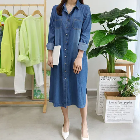 [브리치]  / 봄내내 진청 데님 루즈핏 롱 셔츠 원피스