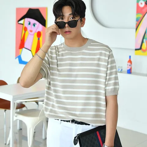 [하프클럽/게리오]아이스 스트라이프 니트 반팔 티셔츠