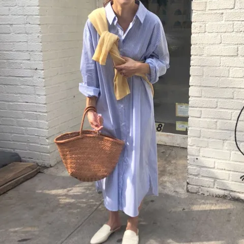 [브리치]  / 봄가을 루즈핏 스트라이프 롱셔츠 원피스