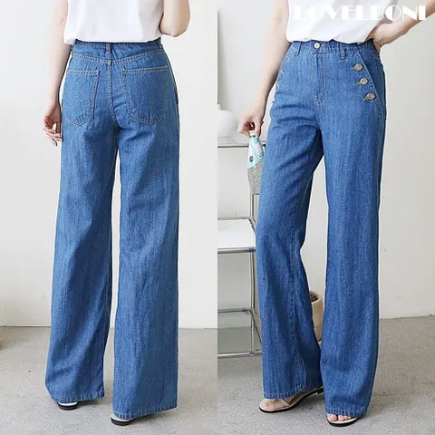 [브리치] 러블보니 / 단추 포켓 마 청 와이드 여성 린넨 나팔 통바지