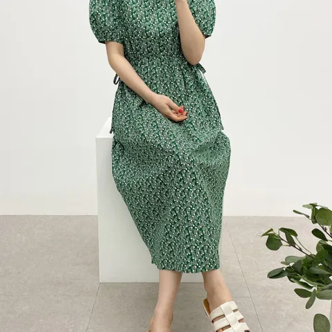 [브리치] 헤이븐 / 줄리 잔꽃 퍼프소매 리본끈 포켓 코튼 롱 원피스