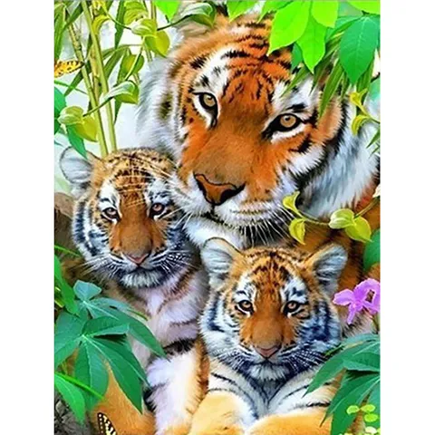 대나무 호랑이가족 패브릭형 보석십자수 40x50