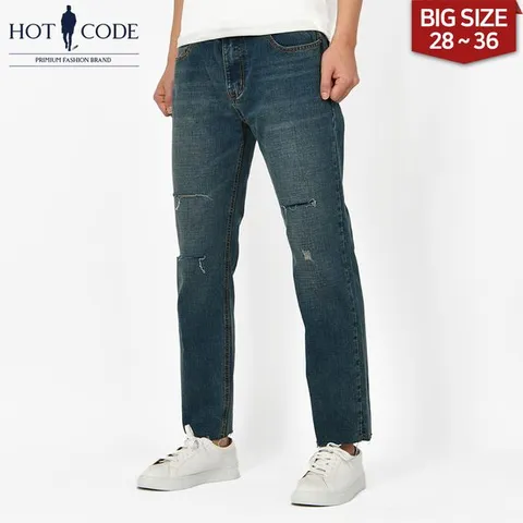 [하프클럽/핫코드]남자 청바지 스판 빅사이즈 밑단 컷팅진 HC2022