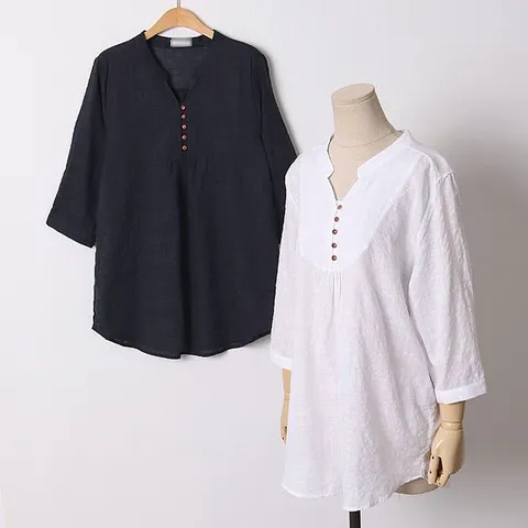 [하프클럽/아이우먼]빅사이즈 107 아일랜드버튼7부셔츠 DOLD738