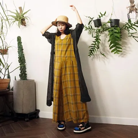 [하프클럽/앞머리]체크 브이넥 와이드 린넨 점프수트n621