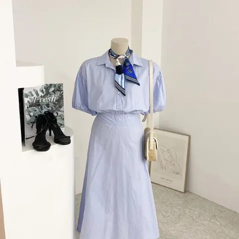 [브리치] 허니제이 / 탄드 카라 퍼프소매 뒷밴딩 A라인 반팔 롱 원피스