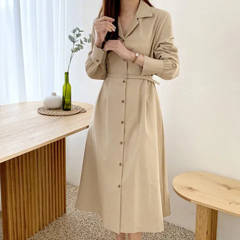 [옷자락] 트렌치 면남방 허리벨트 캐주얼 A라인 롱원피스