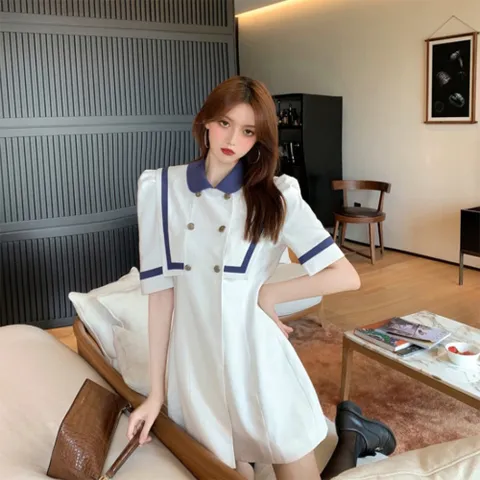 [옷자락] 배색 플레어 여름 데일리 더블단추 미니 원피스