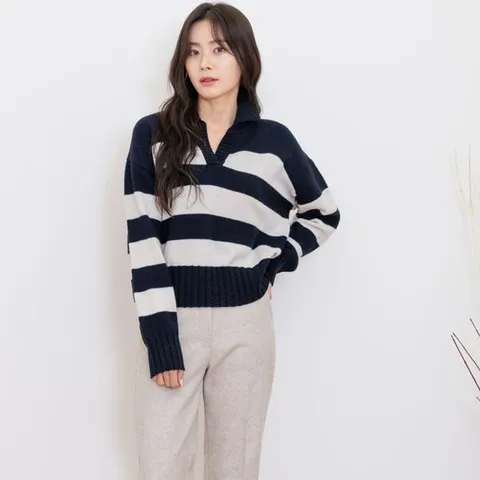 [하프클럽/옷자락]여자 울니트 단가라 베이직 브이 카라넥 티셔츠