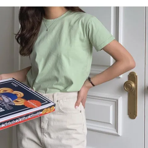 [다잇템] 여자 반소매 민무늬 코튼티 U넥 슬림 티셔츠