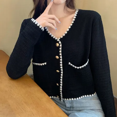 라인배색니트가디건 여성브이넥니트가디건 데일리