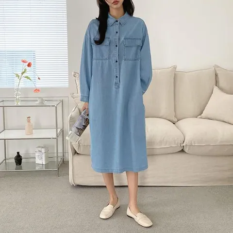 [하프클럽/옷자락]여자 양포켓 버튼 카라넥 일자 루즈핏 데님 롱원피스